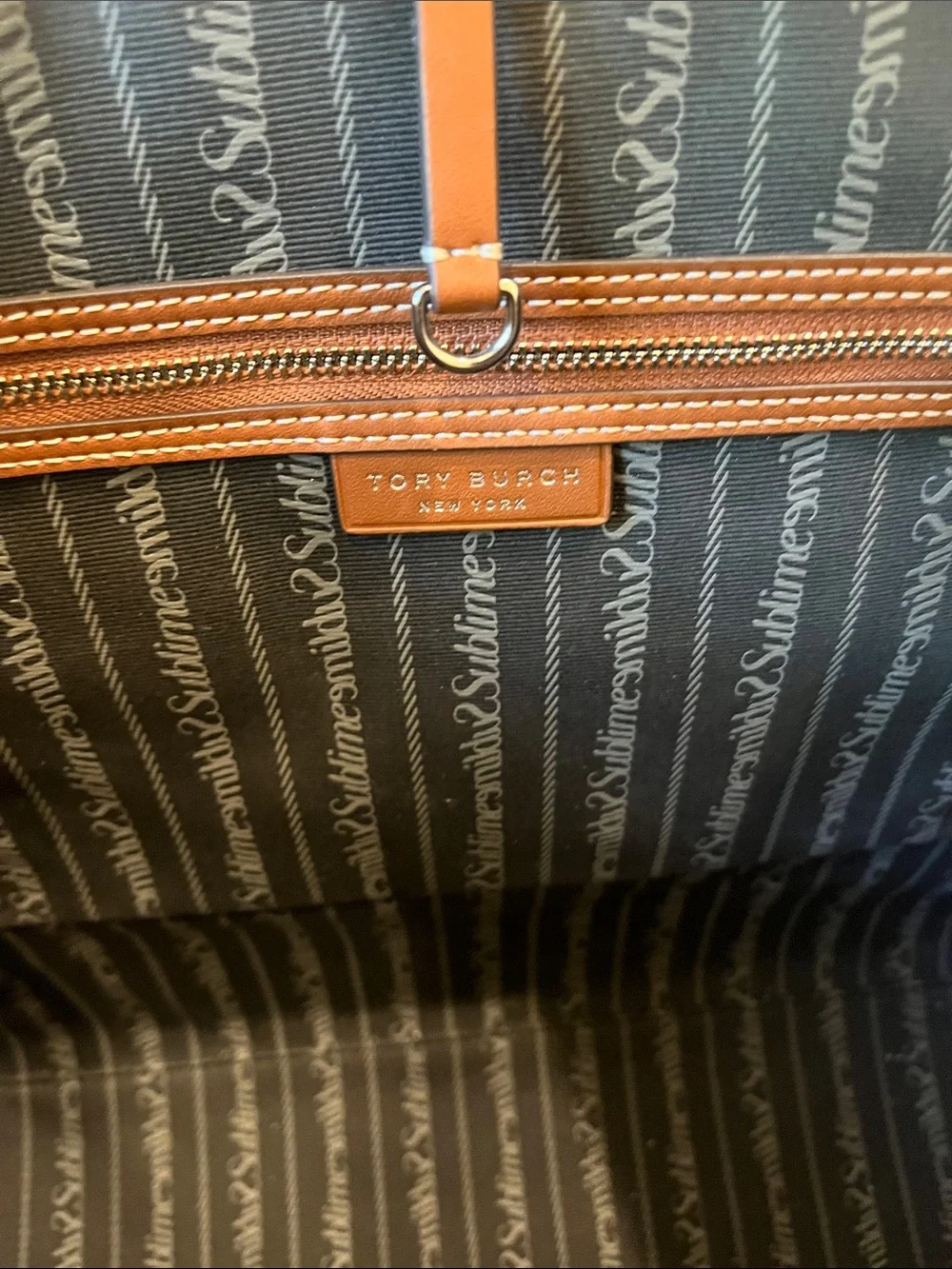 Tory Burch Black Leather Tote with Brown and White Center Stripe